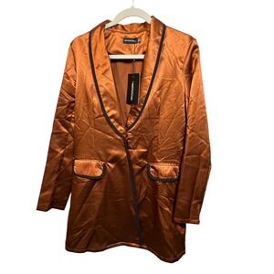 PrettyLittleThing Rust Brown Satin Contrast Rope Detail Blazer Dress US 6